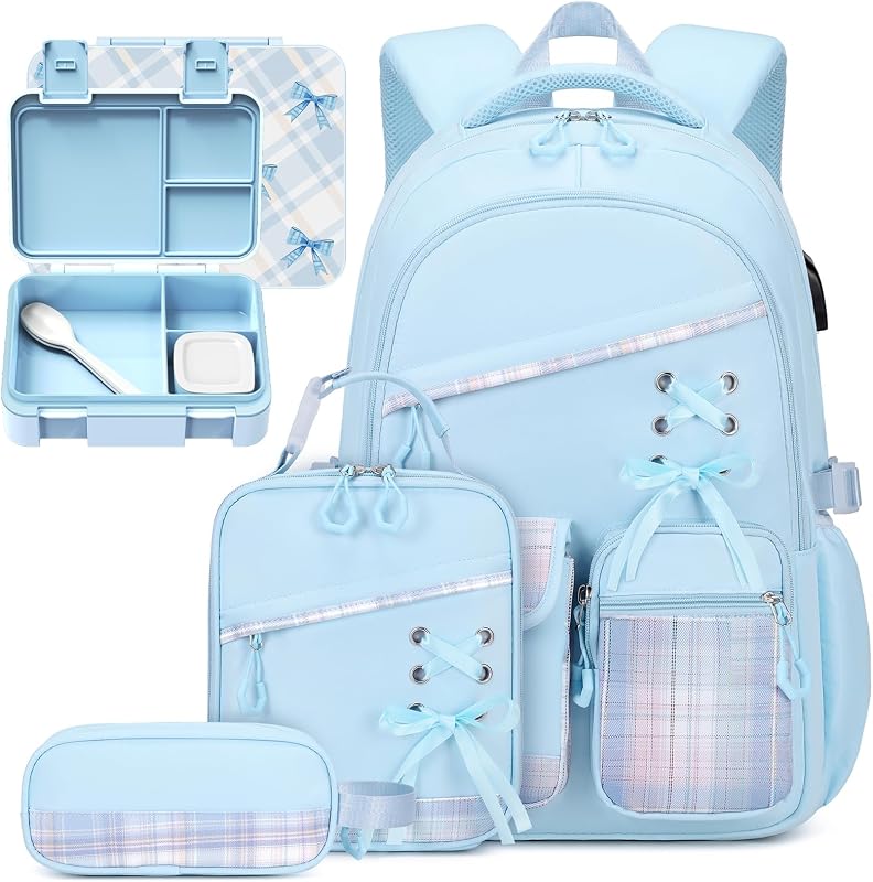 Backpacks for Girls - 6PCS Girls Backpack with Bento Box, Plaid School Backpacks with Lunch Bag & Pencil Pouch for Girl Kids Students Bookbag with Lunch Snack Container, Utensils Blue