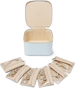 VLANDO Jewelry Travel Organizer with Clear 6 Velvet Bags,Baby Blue | Premium Petal Hardware,Fits Handbags Well,Rings and Chains, Women,Holidays,Bridesmaid Gifting
