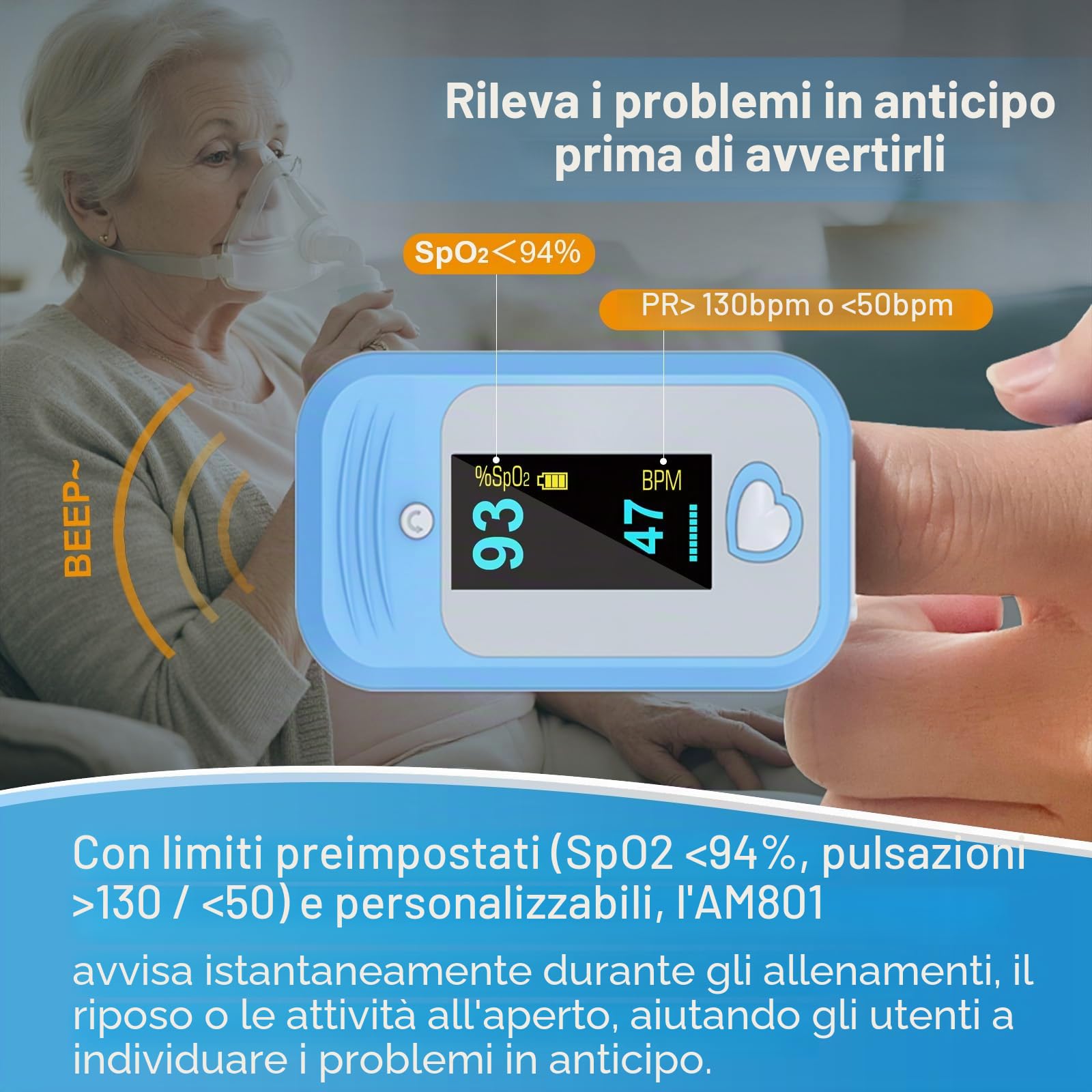 AM801 Saturimetro Da Dito Professionale Certificato, Ad Alta Precisione Per Misurare SpO₂, Temperatura, Frequenza Cardiaca, Indice Di Perfusione E PPG, Con Allarme, Uso Domestico E Clinico