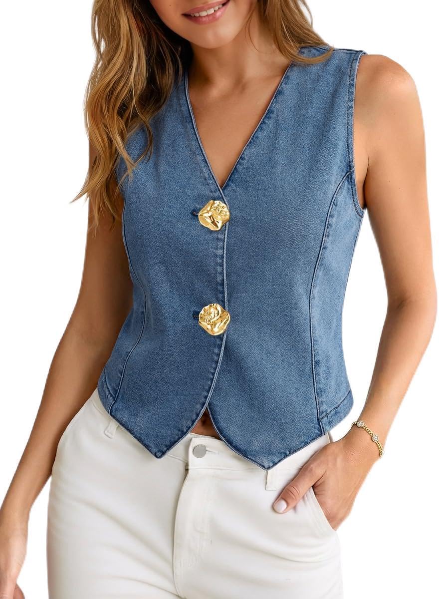 Tankaneo Womens Button Down Denim Vests Tops Trendy Summer Casual V Neck Cropped Jean Tank Tops Sleeveless Shirts