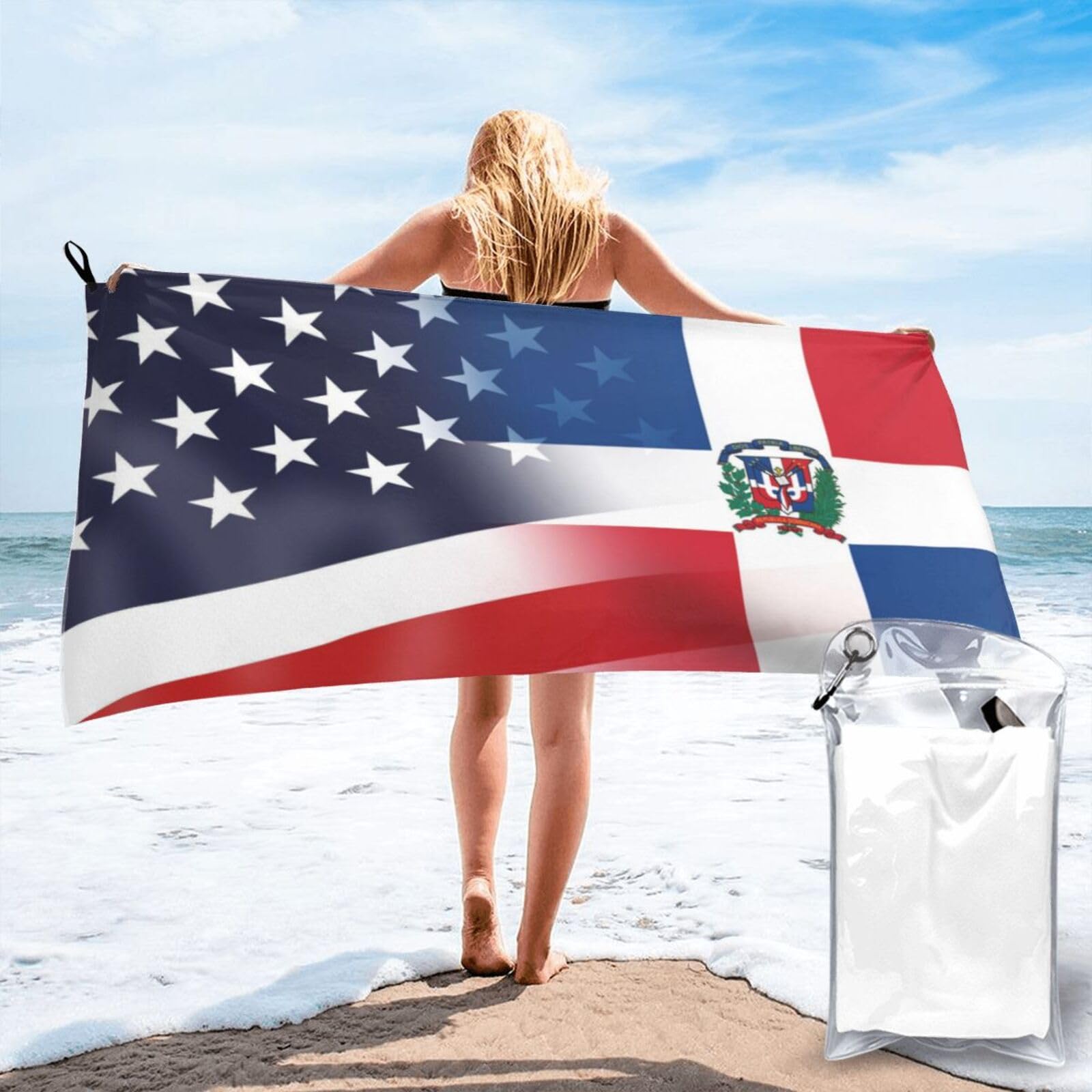 HACXZ Funny America Flag and Dominican Republic Flag Absorbent Beach Towel Microfiber Beach Shower Towel 27.5"X55"