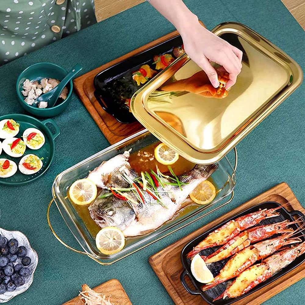 Hot Pot self-Service Food Warmer, Stainless Steel with lid and Oven Glass Heating Tray, Multifunctional Fish Grilling Stove, Gold.-Gold