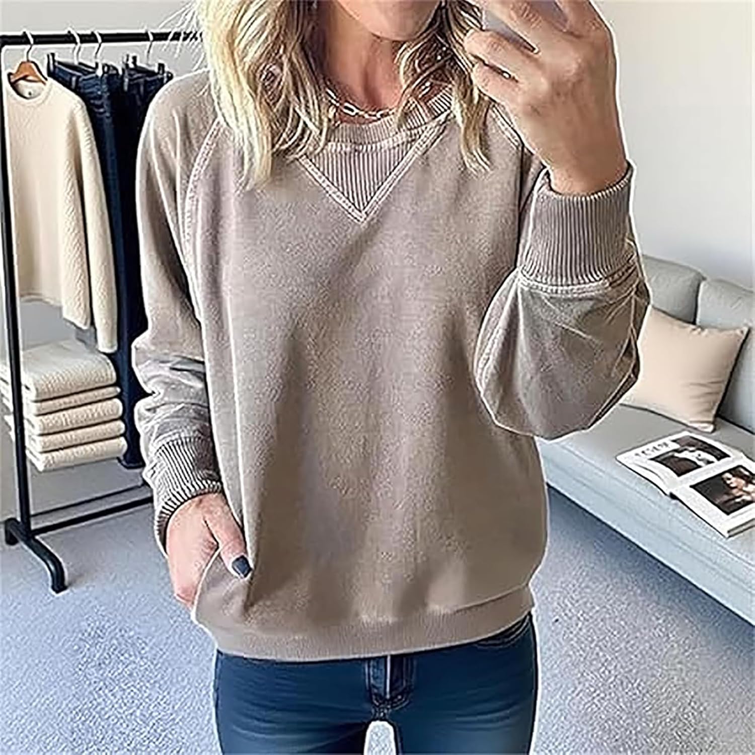 [OTEB] Instantaneou スウェットシャツ、レディース リブ アクセント ポケット付きプルオーバー、ヴィンテージ クル