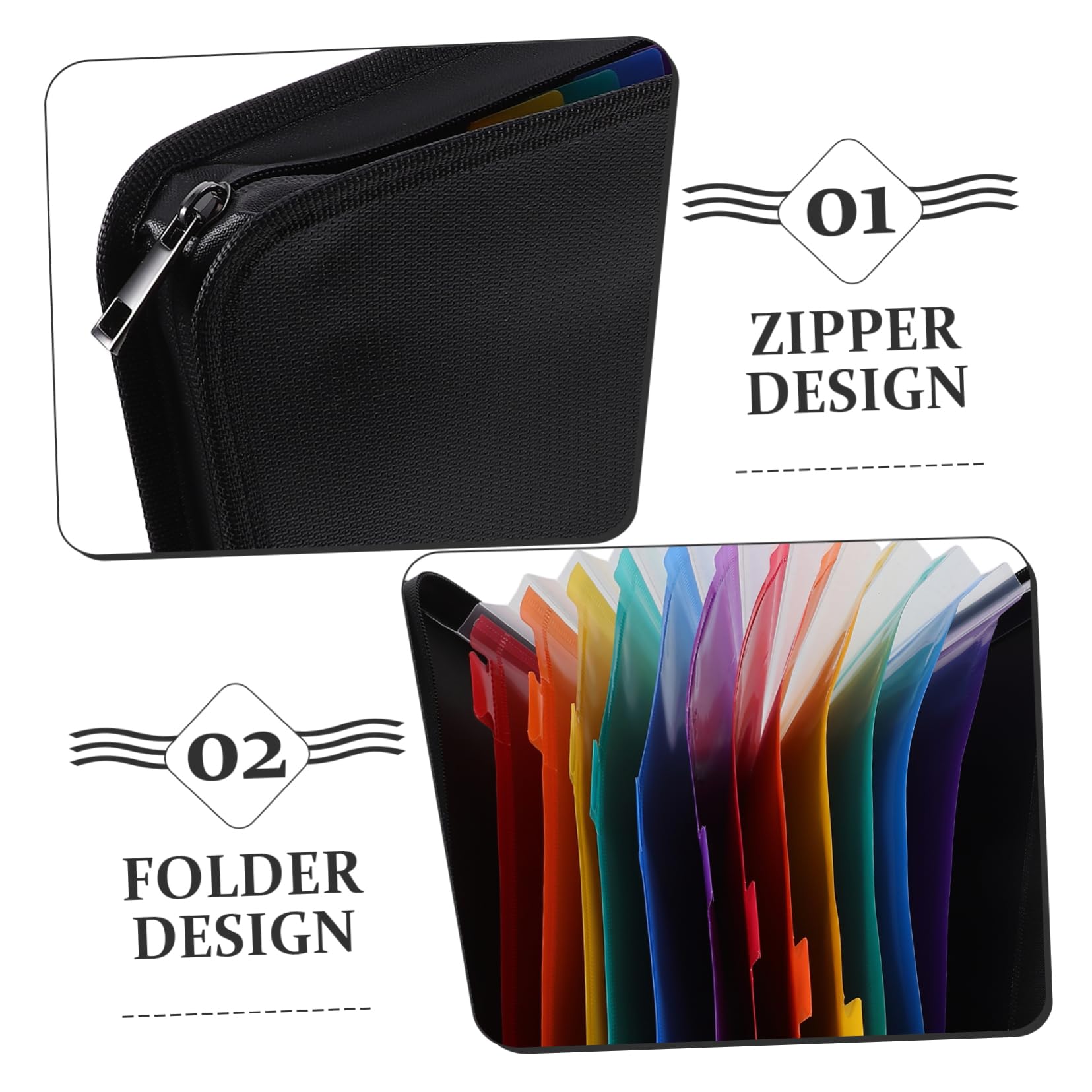 Carpeta de Archivos Portátil Negra con 12 Bolsillos A4, Pp | Organizador de Recibos y Cheques, Cremallera, Gran Capacidad, Uso en Oficina y Hogar
