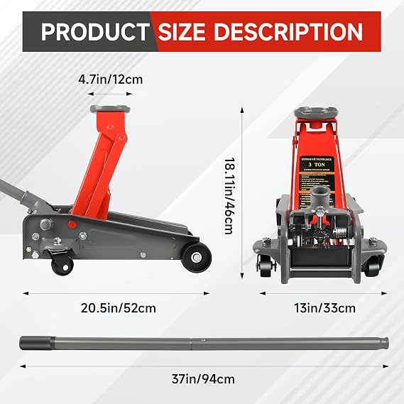 LARBANKE 3 Ton Floor Jack, 6600LBS Heavy Duty Hydraulic Jack, Fast Lift with Wheels, Lift Range: 5.31''-18.11'', Steel Material, for Home, Garage and Repair Shops, Red