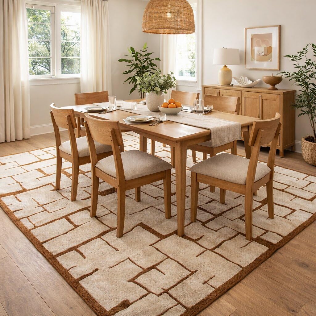 6'x10' Hand Tufted Wool Area Rug Brown & Ivory Modern Pattern Carpet, Soft Textured Rectangular Floor Rug for Living Room Bedroom Dining Space Home Decor
