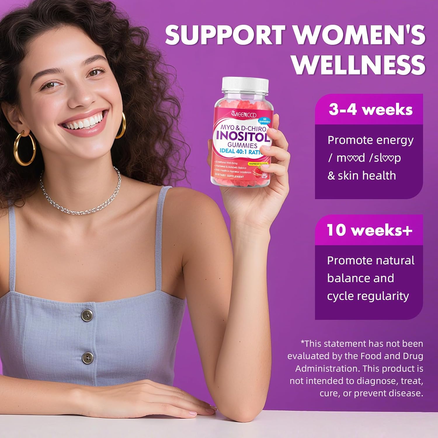 Myo-Inositol & D-Chiro Inositol Gummies, 40:1 Ratio Inositol with Vitamin D3, Magnesium Glycinate, Folate & Zinc, Inositol Supplement for Female Health, Raspberry Flavor, 60 Count - Image 6