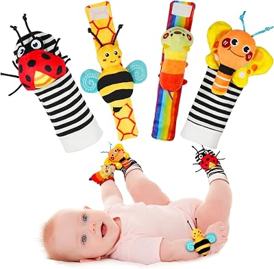 Infinno Wrist Rattles and Foot Finder Socks Set, Baby Toys for 0-12 Months | Soft crinkle textures,…
