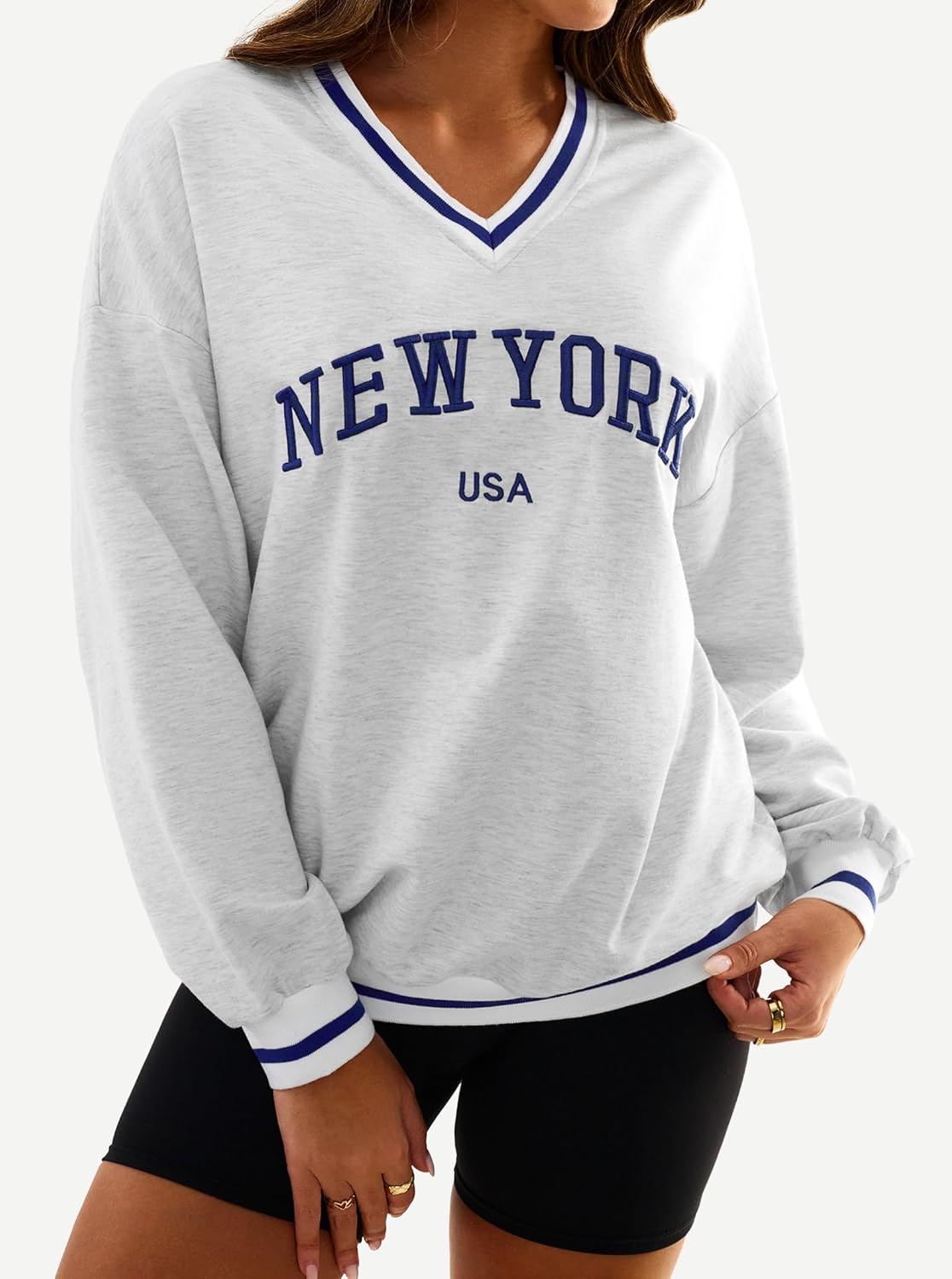 Hilinker Womens Graphic Oversized Sweatshirts V Neck Long Sleeve Pullover Tops - Image 4