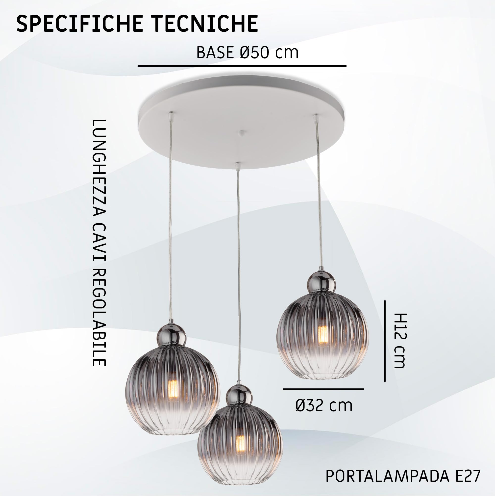 LEOLUX OMER 3 Lampadario a Sospensione 3 Luci – Design Moderno con Sfere in Vetro - Cavi Regolabili - Attacco E27 – Ideale per Cucina - Soggiorno e Zona Pranzo