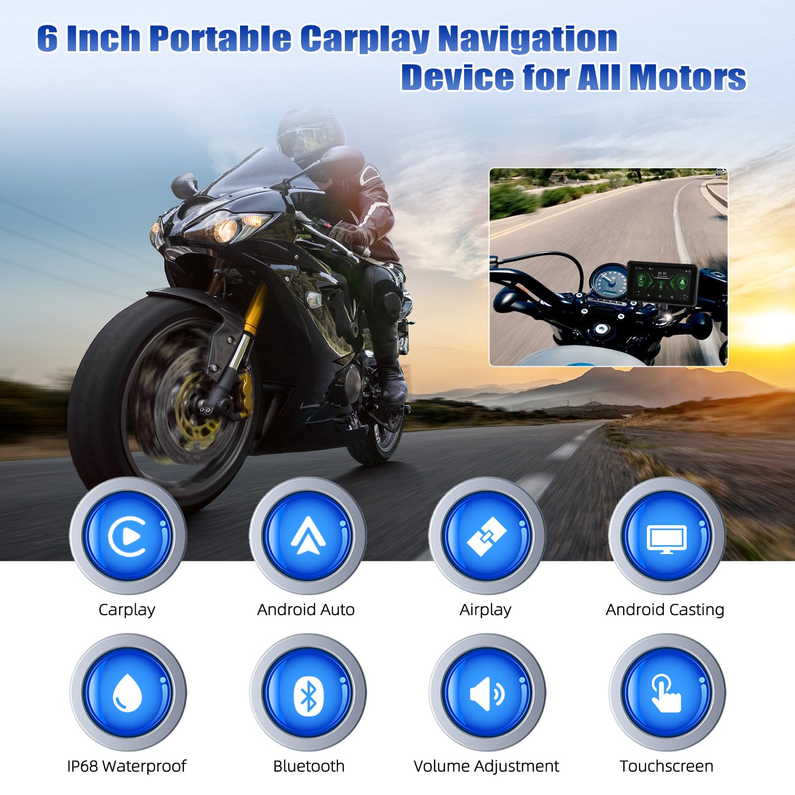 [2026] CAMECHO 6 Zoll Wireless Motorrad-Carplay Android Auto, IP68 Wasserdicht HD 1440 * 720 Touchscreen Bildschirm Navi Display für Motorräder mit Dual Bluetooth 5.0 + Airplay Android Cast