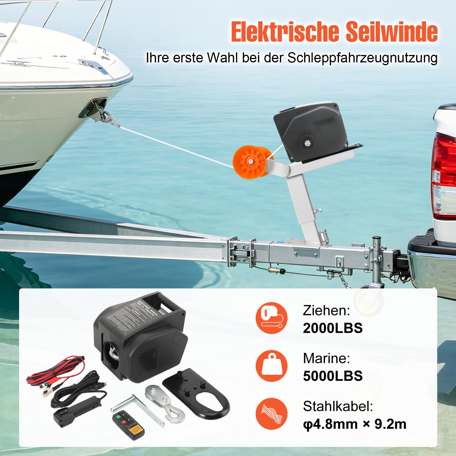 LALABU Elektrische Seilwinde DC 12V für Bootstrailer mit Funkfernbedienung,5000LBS Marine, Bootswinde elektrisch, Boot Elektrische Winche,Winde Seilzug Stahlseil