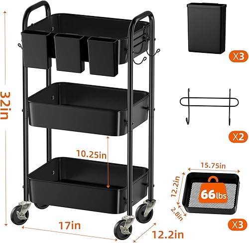 Miniatura 7 de Simple Trending Carrito de metal de 3 niveles con ruedas, carrito de almacenamiento resistente con 3 cajas y ganchos para la cocina para organizar
