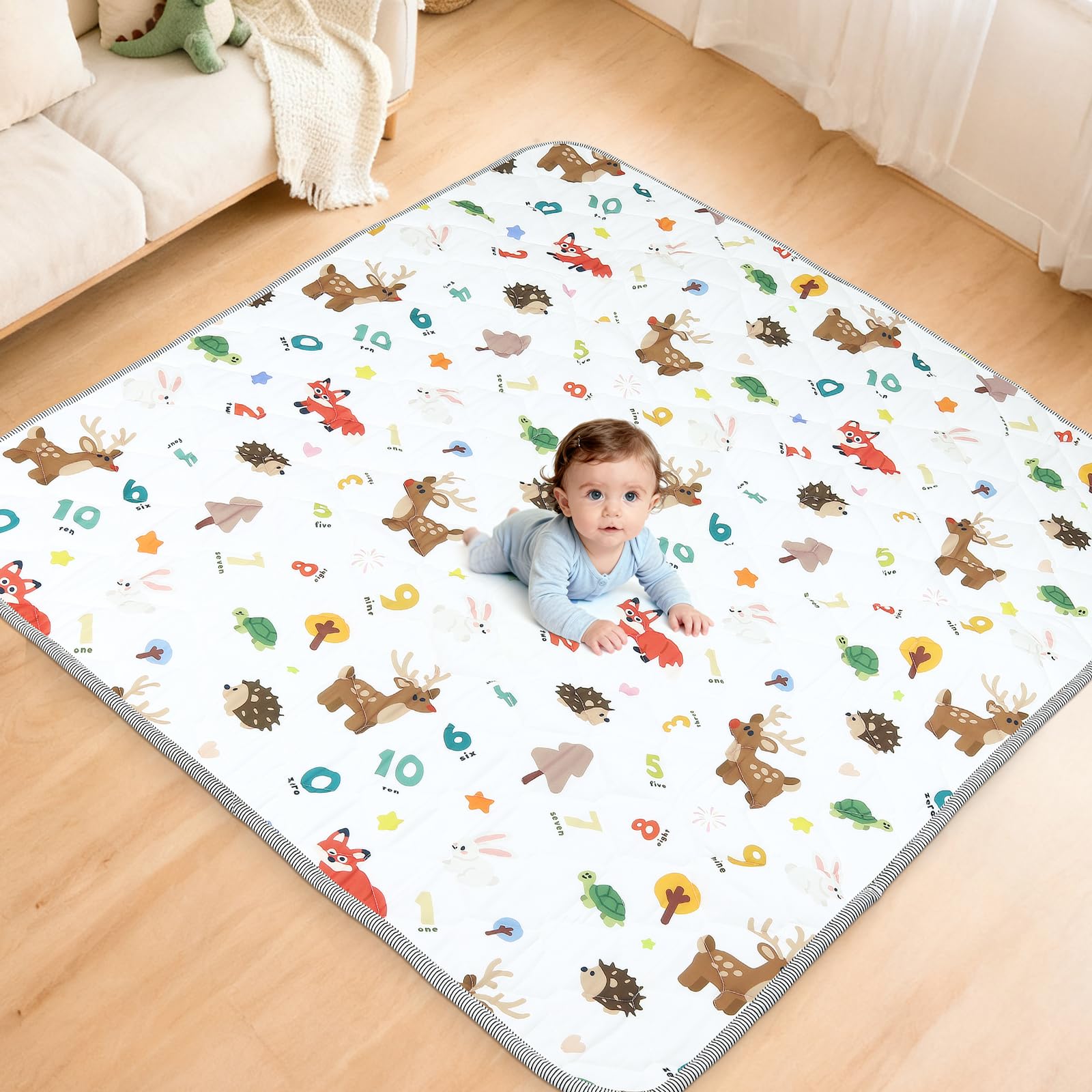 eSynic Tappetino da Gioco Pieghevole per Bambini 150x150cm, Antiscivolo a 4 Strati ed Educativo con Design Animali e Numeri, Tappeto Neonato per Gattonamento, Picnic e Recinti, Lavabile in Lavatrice