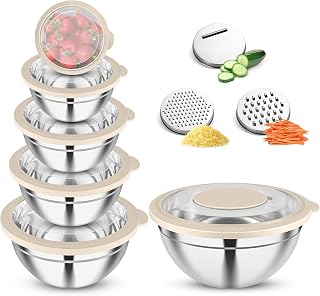Joyfair Mixing Bowl Set of 6, Stainless Steel Bowl with Transparent Lid & 3 Grater Accessories, 4.5L/2.7L/2L/1.5L/1.2L/0.7L, Salad Bowl for Cooking Baking, Stackable & Dishwasher Safe, Khaki