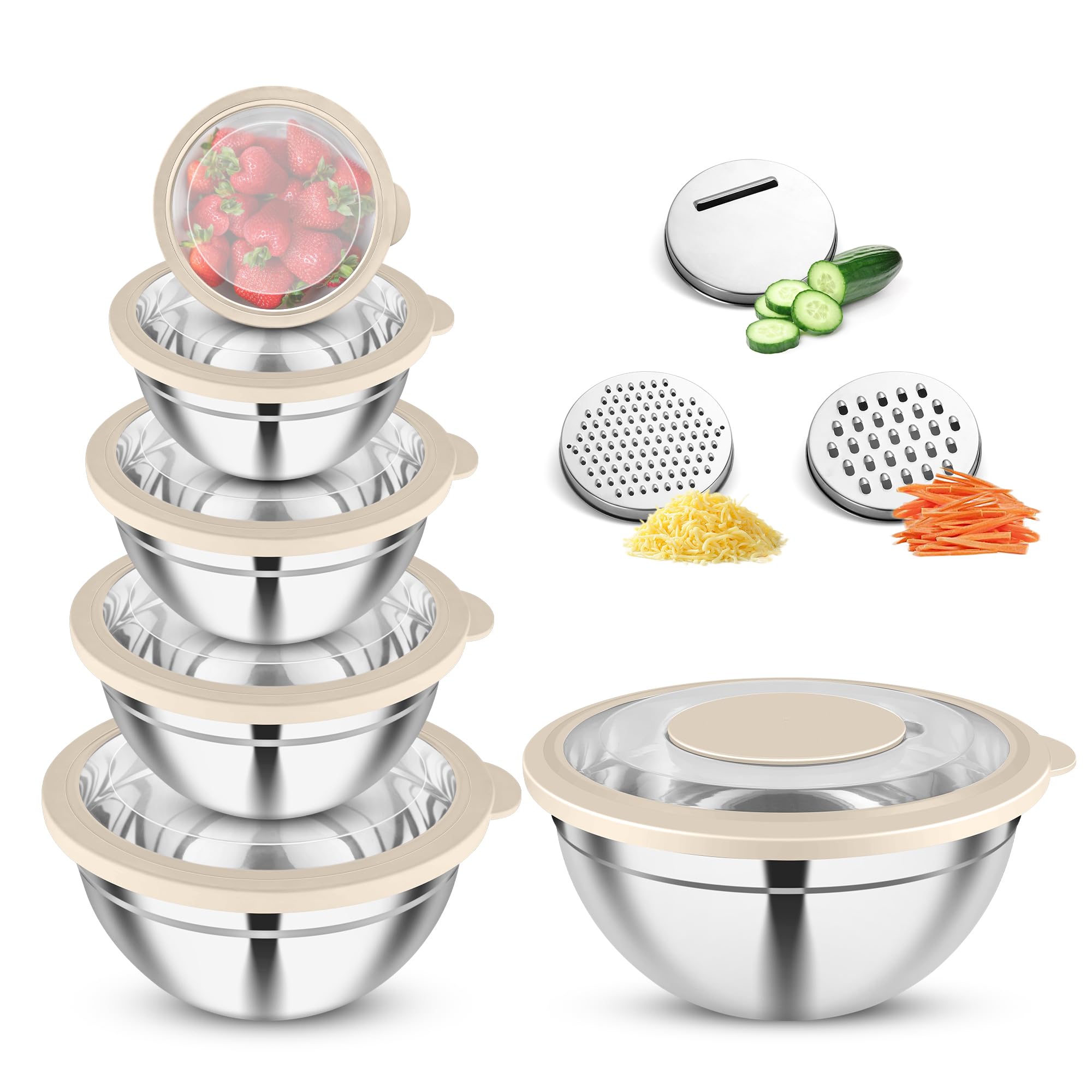 Joyfair Lot de 6 bols mélangeurs en acier inoxydable avec couvercle transparent et 3 râpes - 4,5 l/2,7 l/2 l/1,5 L/1,2 L/0,7 l - Saladier pour cuisiner, cuire au four, empilables et passent au