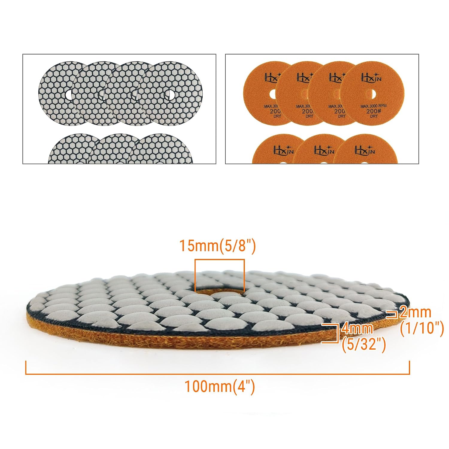 Diamond Dry Polishing Pads 4 inch 100mm for Buffing on Granite Marble Stone Concrete Tile Ceramic Floor Smoothing renovate Removing Marks with Nylon Backing (7, 200 Grit)