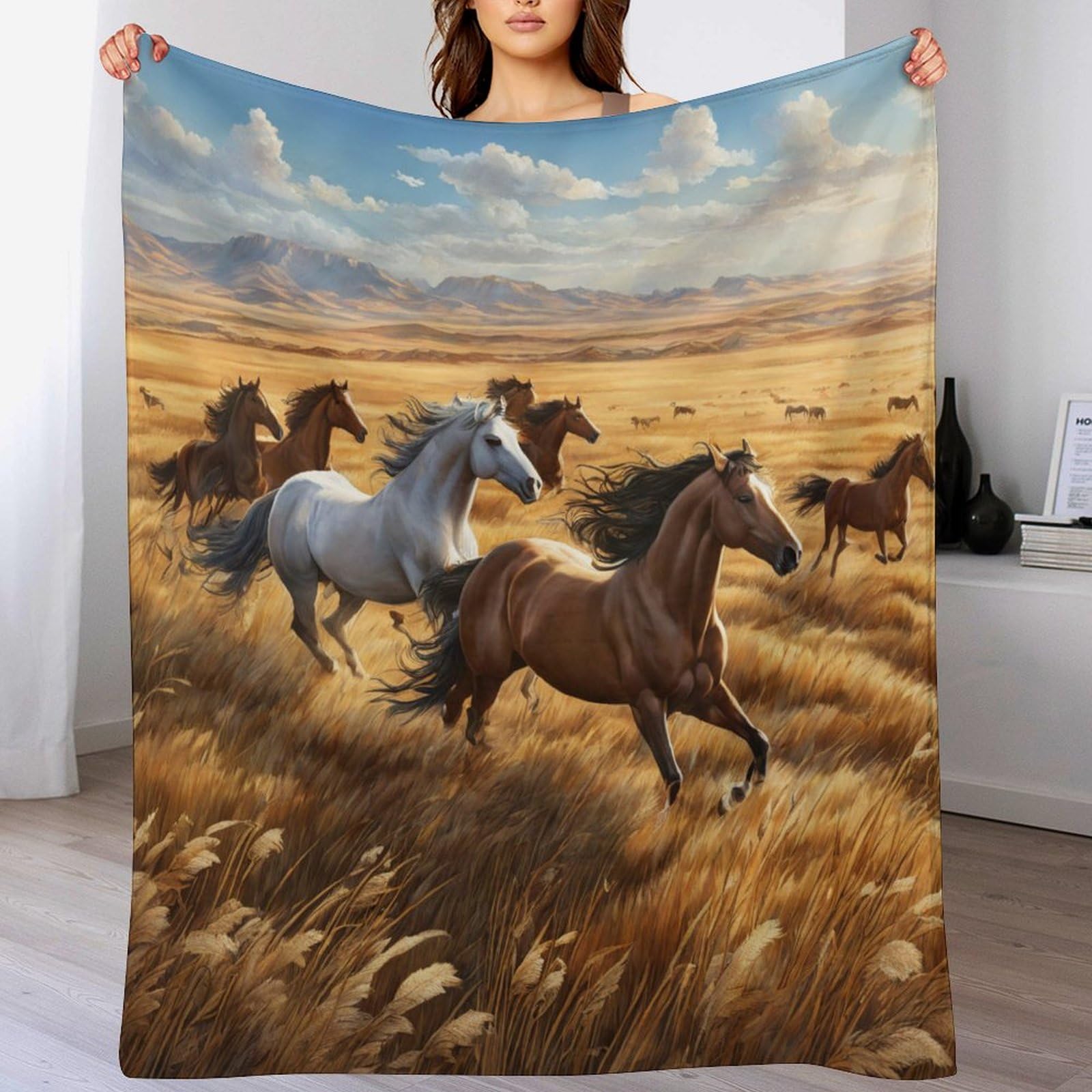 Couverture en flannel de luxe avec motif cheval et plaid en peluche douce 150x200