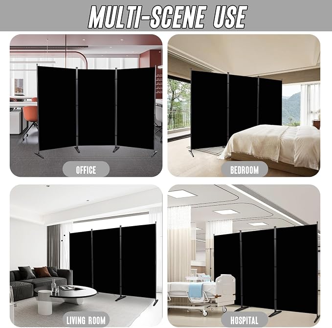 Biombo Plegable de 3 Paneles, 102" Ancho x 71.3" Alto, Pantalla de Privacidad Portátil Negra Ligera para Oficina, Separador de Ambiente Plegable para Interior, Estructura Estable miniatura 6