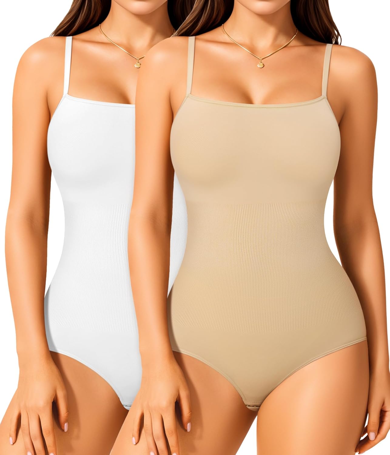 Irisnaya 2-Pack Shapewear Bodysuits for Women Tummy Control - Square Neck Body Suit Cami Body Shaper Going out Tops