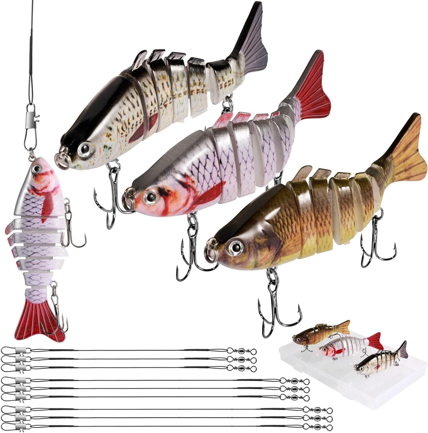 3 Pcs Multi Jointed Bass Pike Fishing Lures with 15cm&25cm&30cm Wire Traces & Storage Box Pike Lures Set 7 Segment 3D Artificial Fishing Tackle with Hooks Slow Sinking Lure with Wobbler