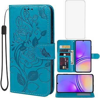 Case for Galaxy A05 Case, Samsung A05 SM-A055F Wallet Case with Tempered Glass Screen Protector, Flower Leather Flip Credit Card Holder Stand Phone Cover Cases for Samsung Galaxy A05 Blue
