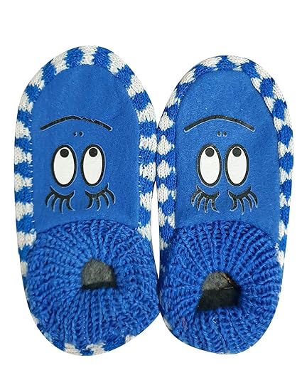 Krystle Kids Cute Eye Look Little Boy and Girl Multicolour Warm Winter Slipper Socks, Knitted Booties Slipper Indoor Socks with Soft Rubber Sole (Blue,Pack of 01)