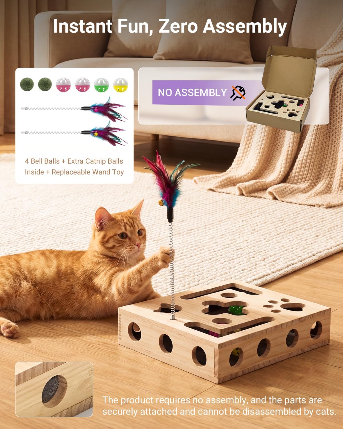 Cat Toys for Indoor Cats - Cat Nail File Box with Interactive Cat Toys, 2026 Upgraded Cat Puzzle Feeder Scratch Puzzle Toy for Indoor Cats, Natural Claw Care with 2 Wand Toys&Catnip Ball&4 Bell Ball