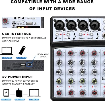 BOMGE 6 Channel Audio Sound Mixer - Professional Digital DJ Mixing Console for Live Streaming, Karaoke and Stereo Recording - With PC Computer Record Playback/Bluetooth/MP3/USB/48V /99DSP