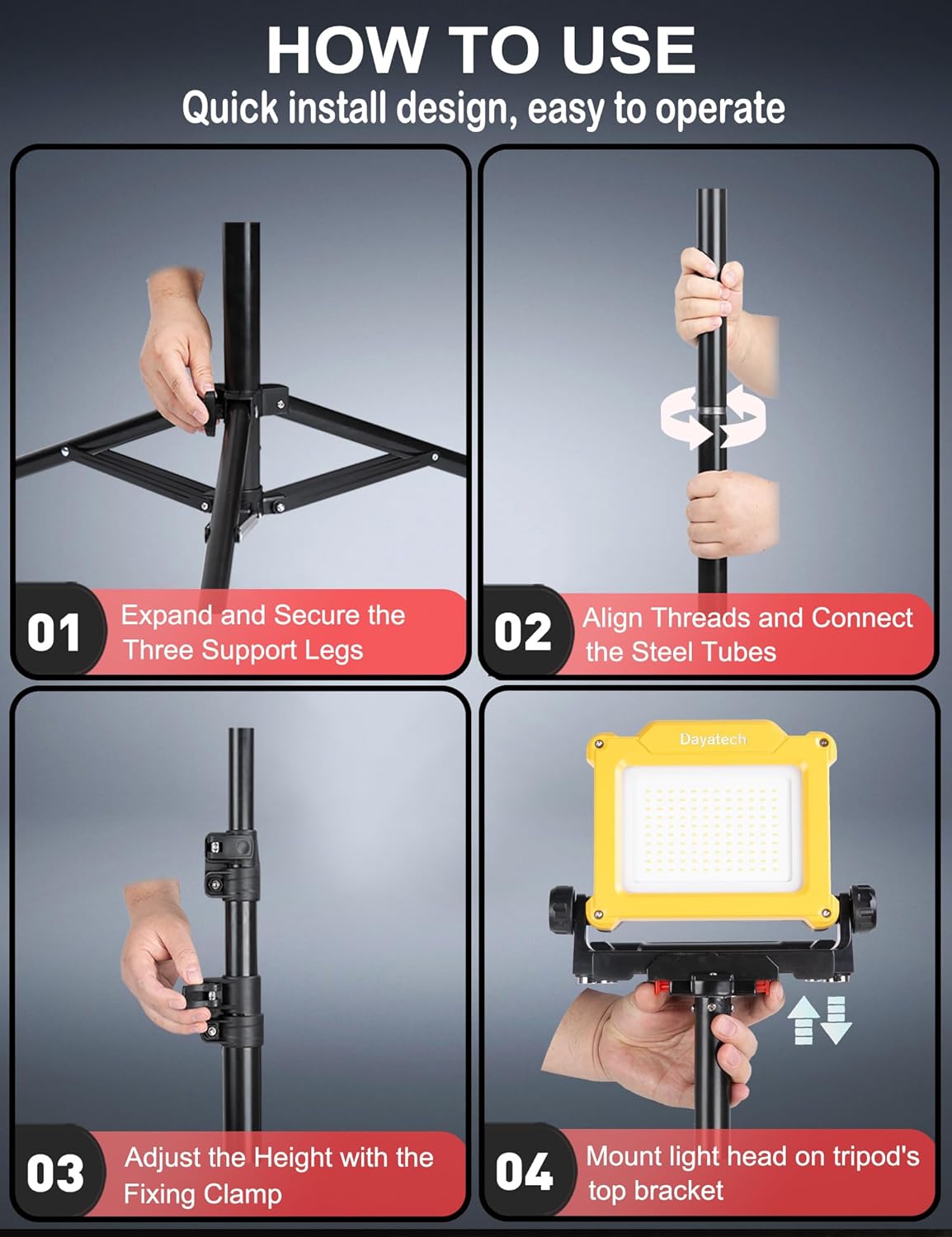 25W 4000LM Cordless LED Tripod Work Light, Compatible with DeWalt Milwaukee Makita 18-21V Tool Batteries, 160LM/W High Efficiency Industrial Flood Work Lamp for Electrical, Jobsite Lighting