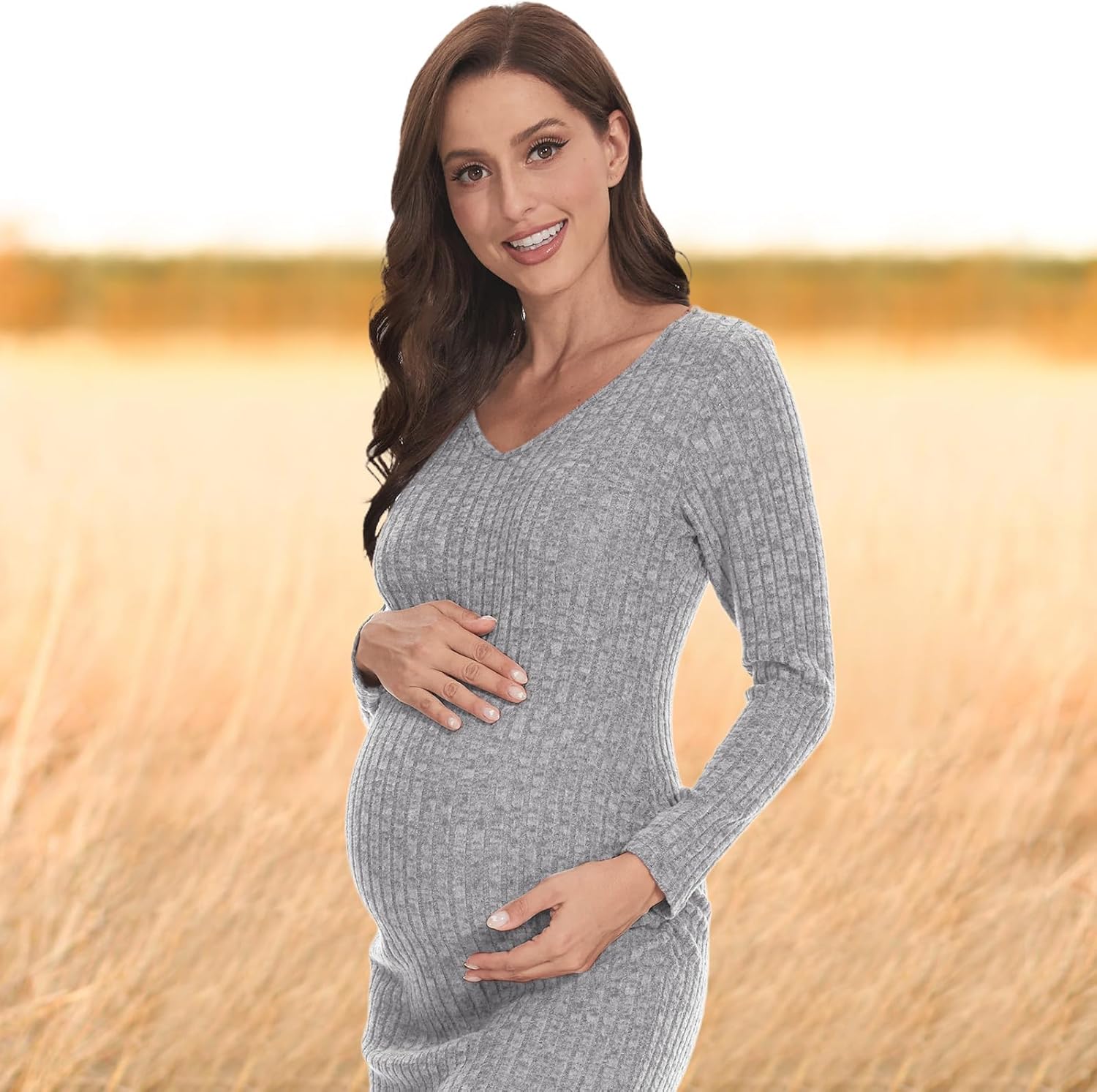 Long Sleeve Maternity Sweater Dress for Fall Winter Baby Shower & Photoshoot - Women's Pregnancy Maternity Dresses - Image 4