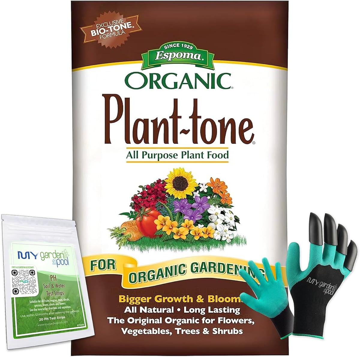 Espoma Tono Vegetal Orgánico 5-3-3; Bolsa de 36 lb. Alimento vegetal multiuso PT36; con tiras reactivas de pH del suelo My Garden Pool de 20 unidades, guantes de garra de jardinería y Garden-IQ, asistente inteligente de inteligencia artificial para jardinería.