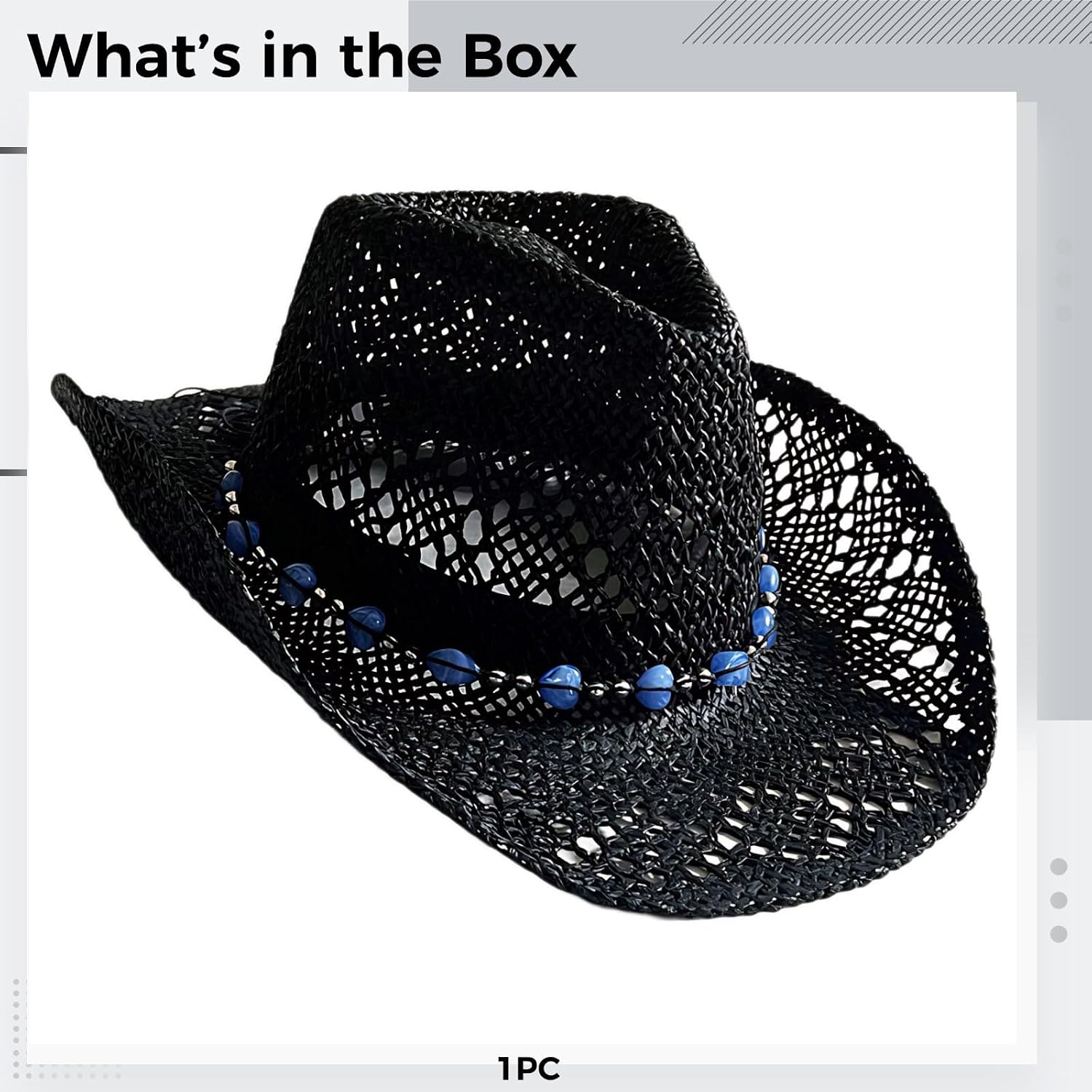 Black Cowboy Hat for Women, Roll Brim Straw Western Hat, Beaded