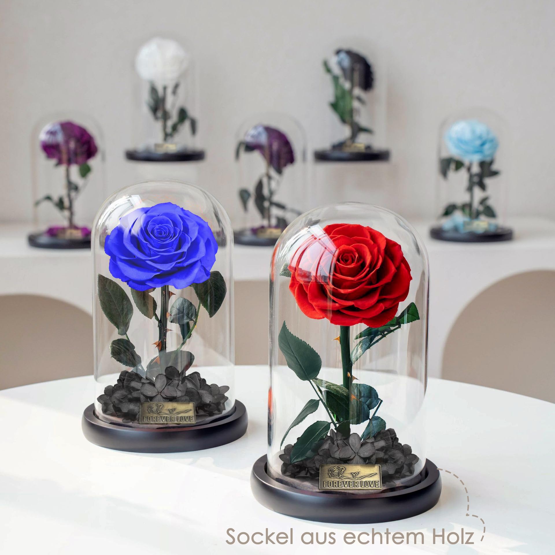 GUHAOOL Rosa Eterna, La Bella e La Bestia Rosa, Rosa per Sempre in Cupola di Vetro, Rosa Eterna con Base Pino Luci LED, Idee Regalo Fidanzata Donna Regali, Mamma, Anniversario Regali Decorazioni