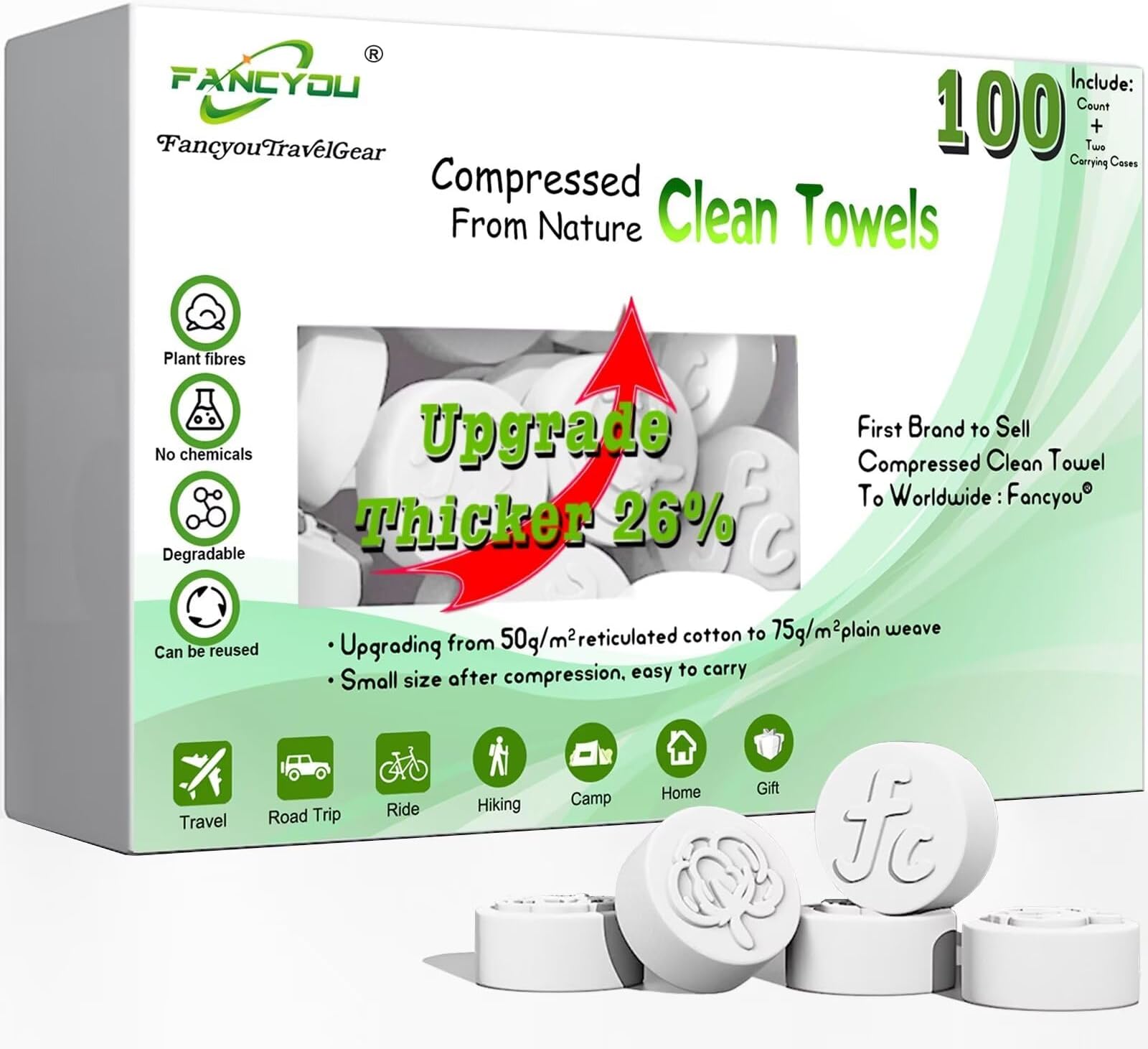 fancyouCompressed Towels Tablets, Thick Disposable face towel Compact Portable Cotton Wipes Coin Tissues for Mini Travel Essentials, Travel Skin Care, Beauty Salon, Gym, Tattoo, Home(100 Count Clear)