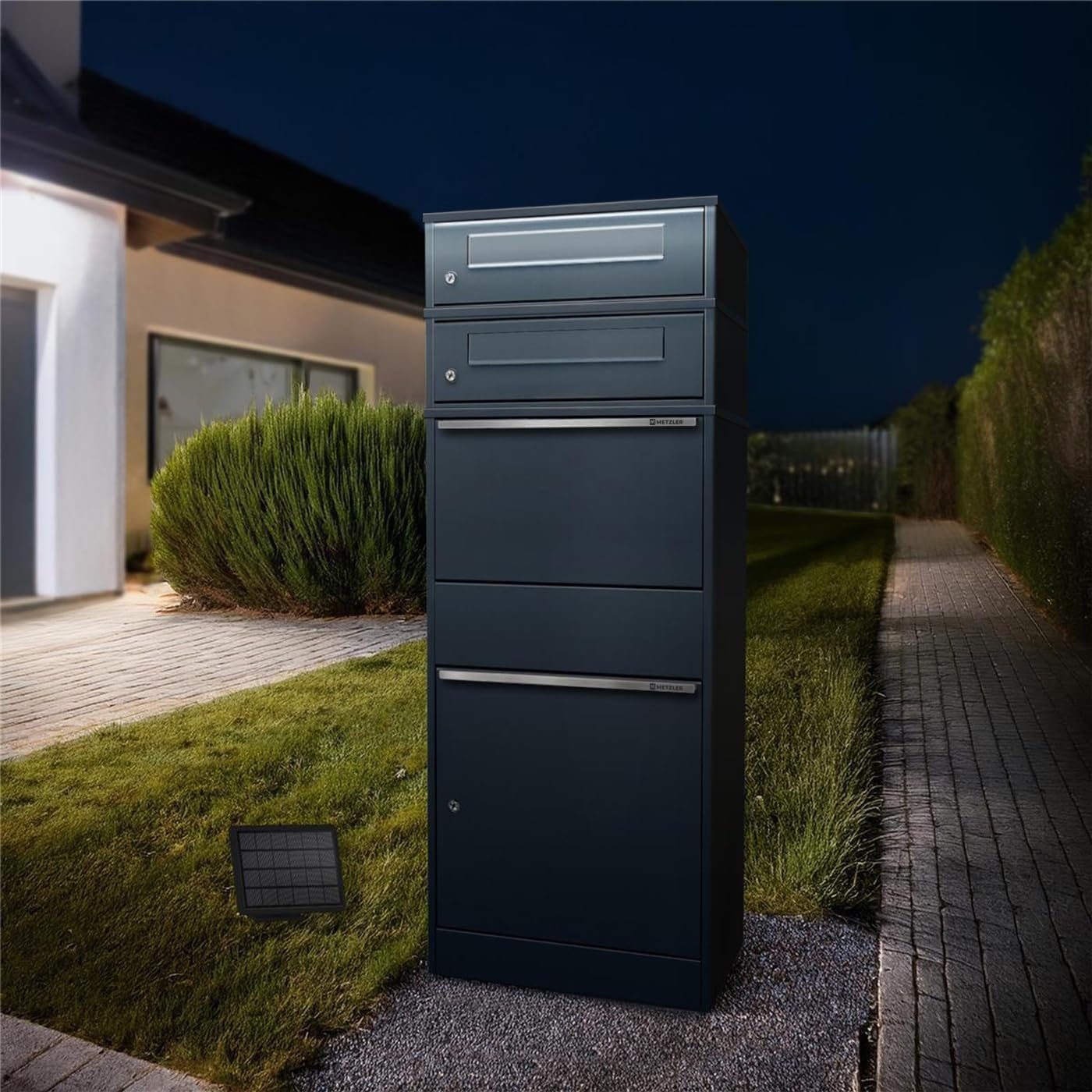Metzler Paketbox freistehend mit LED-Solarbeleuchtung und abschließbaren Fächern in Anthrazit RAL 7016, wetterfest und rostfrei für kontaktlose Zustellung im Außenbereich, Edelstahl, Postkasten groß