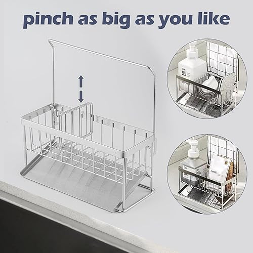 Miniatura 5 de truesion Soporte de esponja para fregadero de cocina de acero inoxidable 304, soporte de esponja para fregadero con bandeja de drenaje, soporte