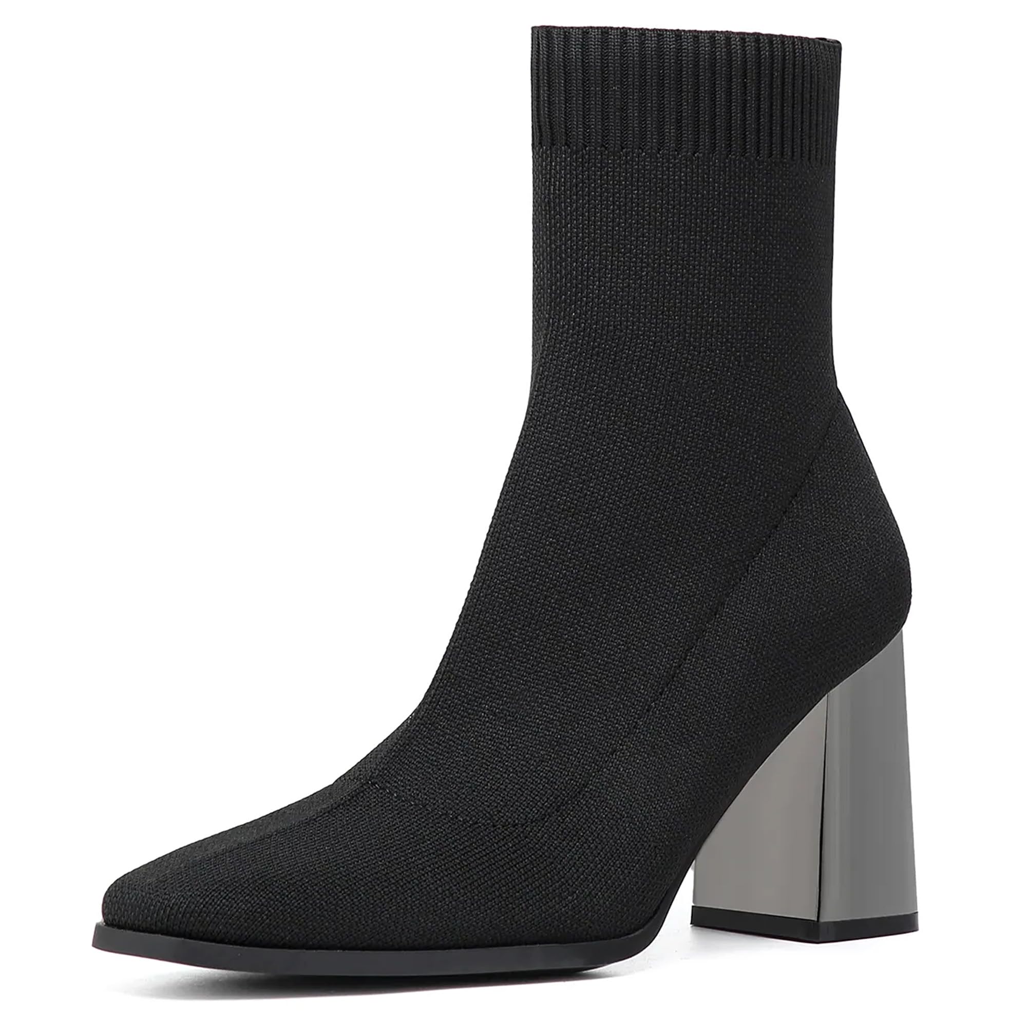 NEWBELLA Womens Pointed Toe Ankle Boots-Minimalist Chunky Heel Sock Booties Stretch Knit Slim Fit Casual Boots for Fall