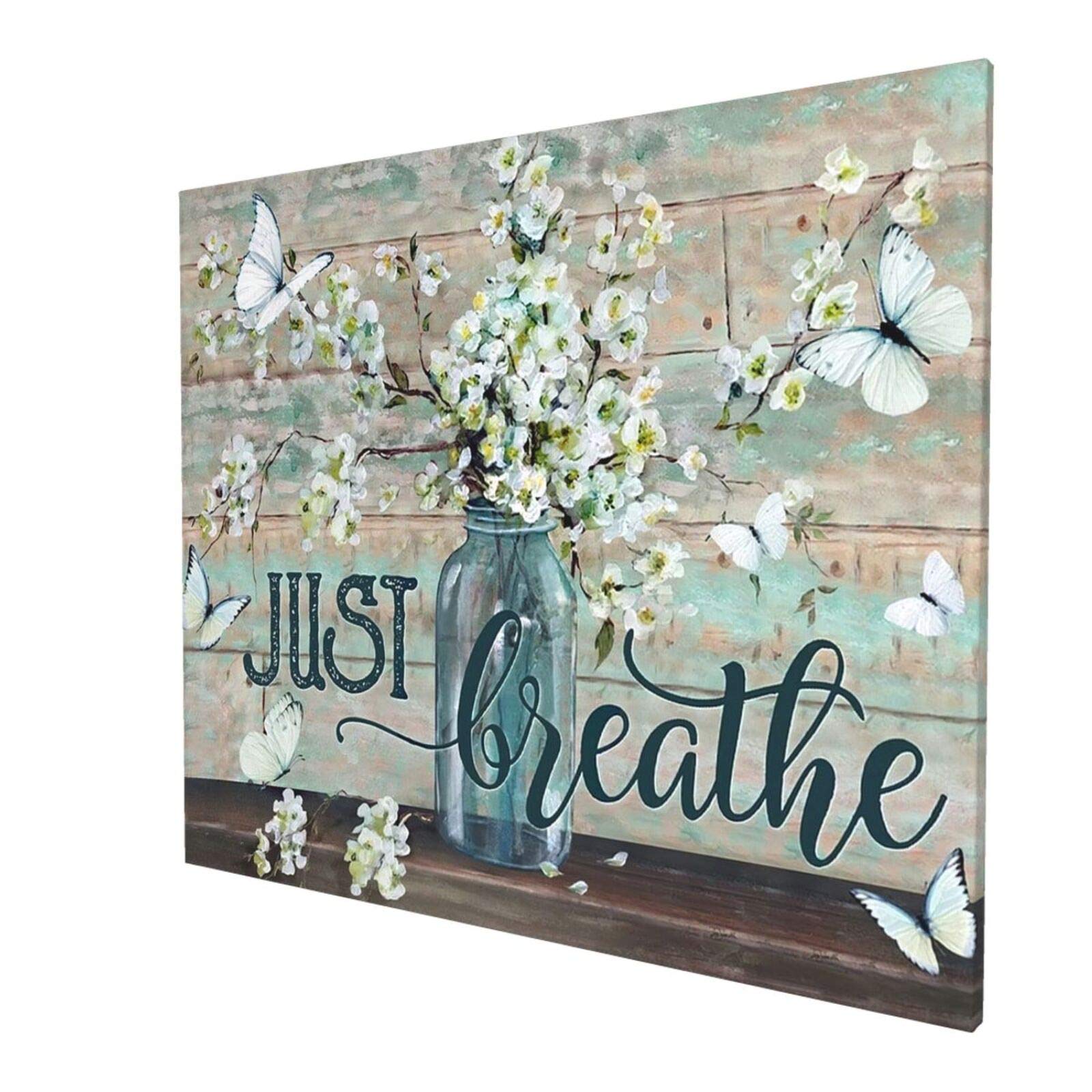 Rustic Wall Art Flower In Vase Just Breathe Canvas Print Butterfly Botanical Painting Farmhouse Country Artworks Home Decor For Bathroom Living Room Bedroom Kitchen Office Framed Ready To Hang 20x24