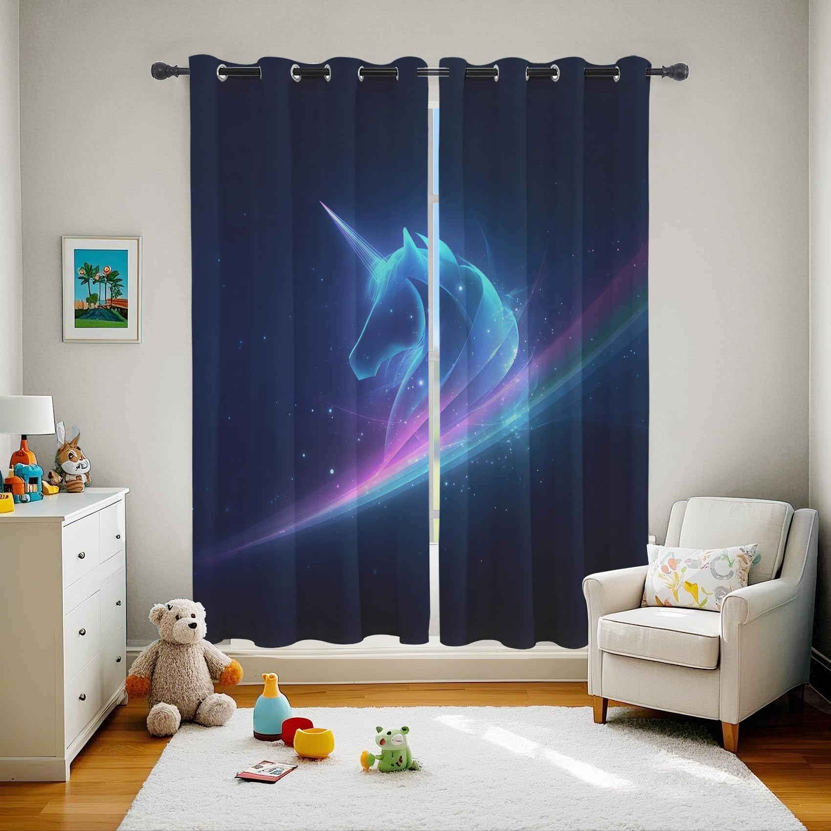 Rideau Occultant Licorne, Animaux Fantaisie Enfants Rideau Thermique Tenture Opaque à Oeillets, Galaxie Ciel Étoilé Rideaux Decoration Chambre Maison Salon Intérieurs, 117x183cm, 2 Pièces