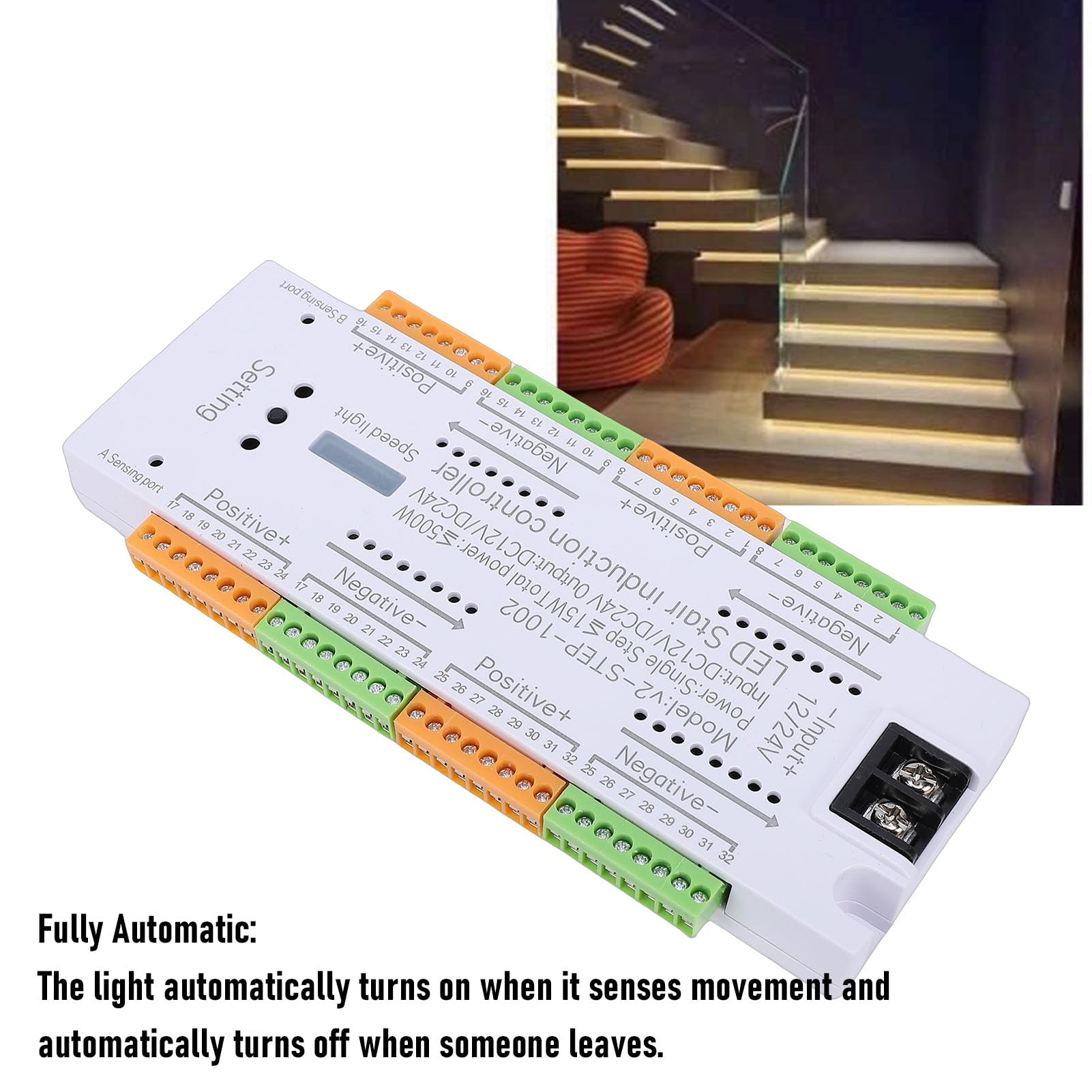 Fafeicy Controlador de Luz de Escalera LED con Sensor de Movimiento Iluminación de Paso Secuencial de 32 Canales con Velocidad Ajustable Encendido Automático y Apagado para Escalera