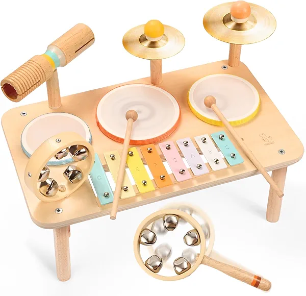 WINGYZ Kids Drum Set – 10 in 1 Wooden Musical Instruments for Toddlers, Montessori Music Kit with Drums, Xylophone, Cymbals, Bell & Tone Block, Birthday Gift for Kids Boys Girls