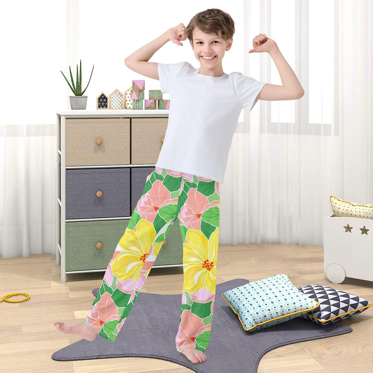J JOYSAY Hibiscus Blossom Foliage White Pajamas Pants Soft Long Pajama Bottoms Lounge Sleep Pants Size S-XL