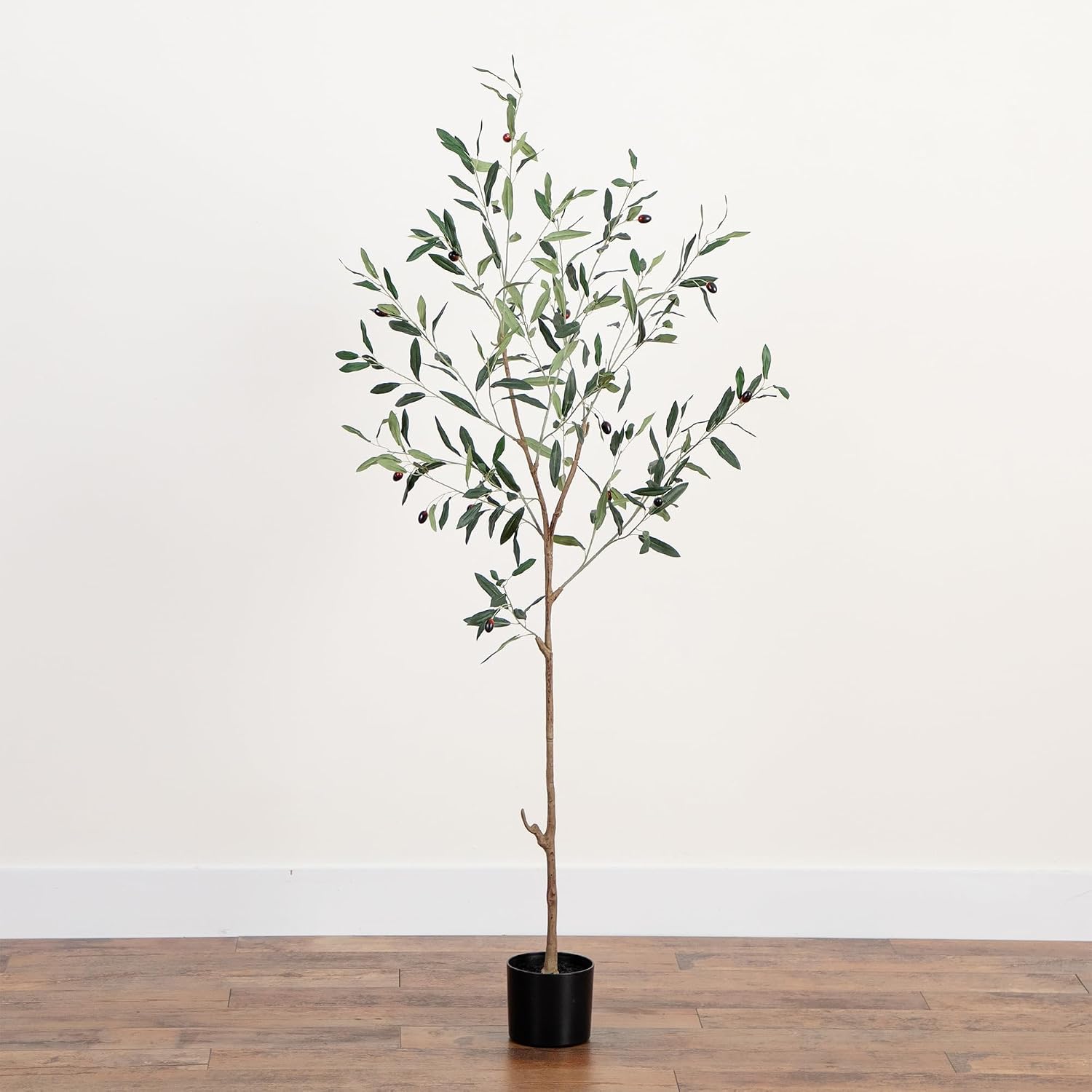 Nearly Natural 5ft Minimalist Olive Tree - Artificial Slim Tree with Faux Olives, Bendable Branches, Premium Crafted Leaves, Includes Nursery Planter, Ideal for Indoor Decor