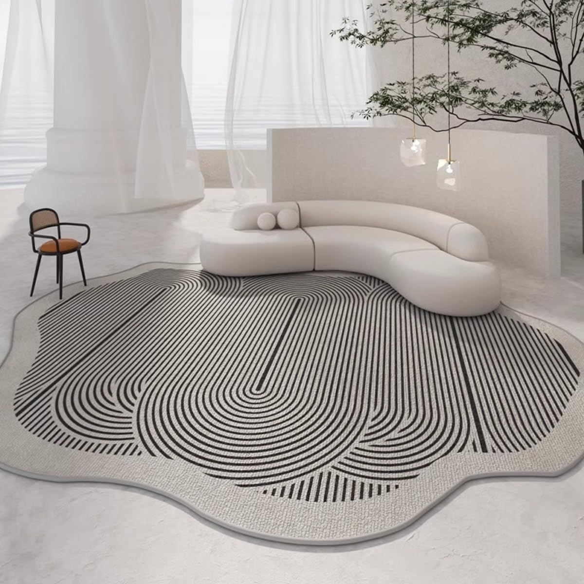 Minimalist Black White Striped Irregular Shaped Area Rug for Living Room Bedroom Dining Room Low Pile Stain Resistant Boho Geometric Carpet Machine