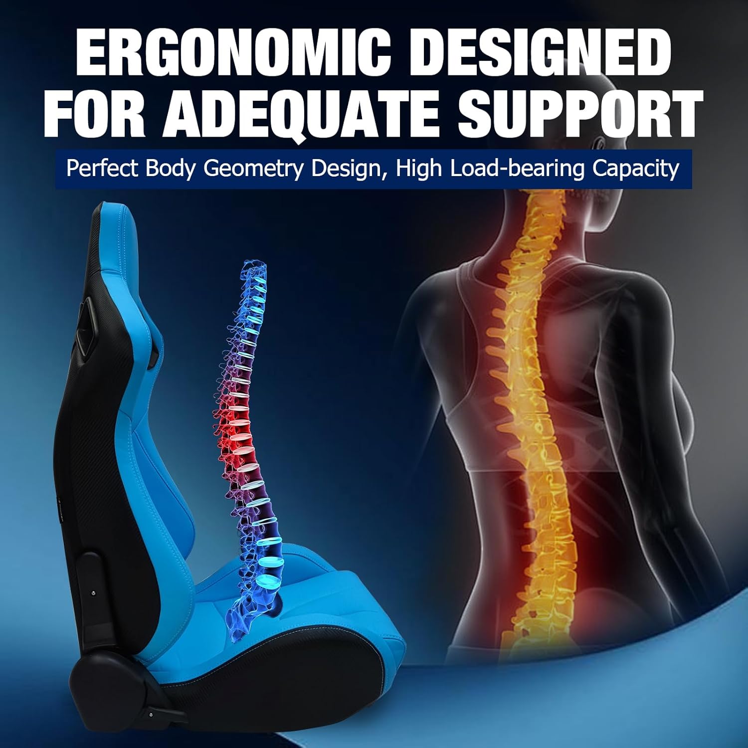 FREEMOTOR802 Racing Seats with Dual Lock Sliders, Universal For Most Cars Vehicles First Row, 1 Pair Reclinable Sport Bucket Seats, PU Carbon Fiber Look Leatherette, Blue