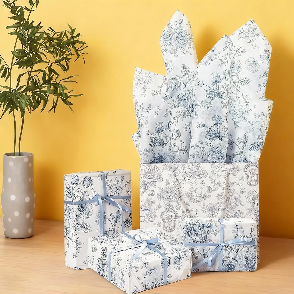 Vintage Blue Floral Gift Wrap Tissue Paper Set – Chinese-Inspired Peony Print, Multi-Purpose Decorative Sheets in Baby Blue & White