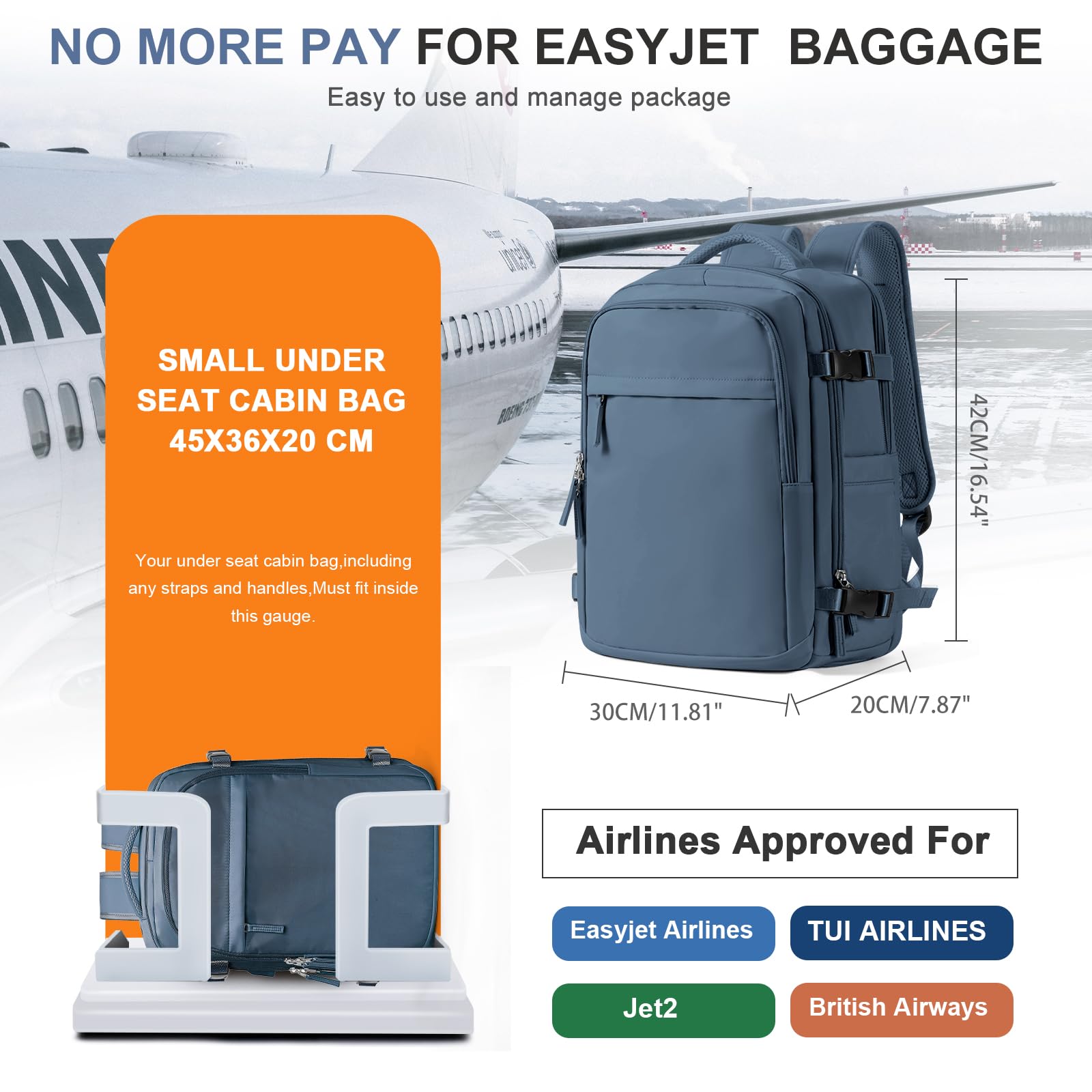 BOXSAM Zaino Ryanair 40x20x25 Bagaglio a Mano Zaino Borsa da Cabina per Easyjet 45x36x20 Impermeabile Zaino da Viaggio Aereo Donna Travel Backpack