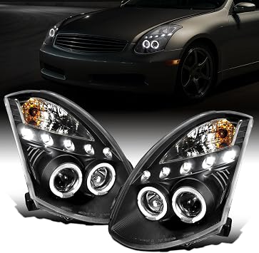Ronnin - Fits 2003-2007 Infiniti G35 2Dr Couple Xenon LED Dual Halo Rims Projector Headlights Assembly Pair | Black