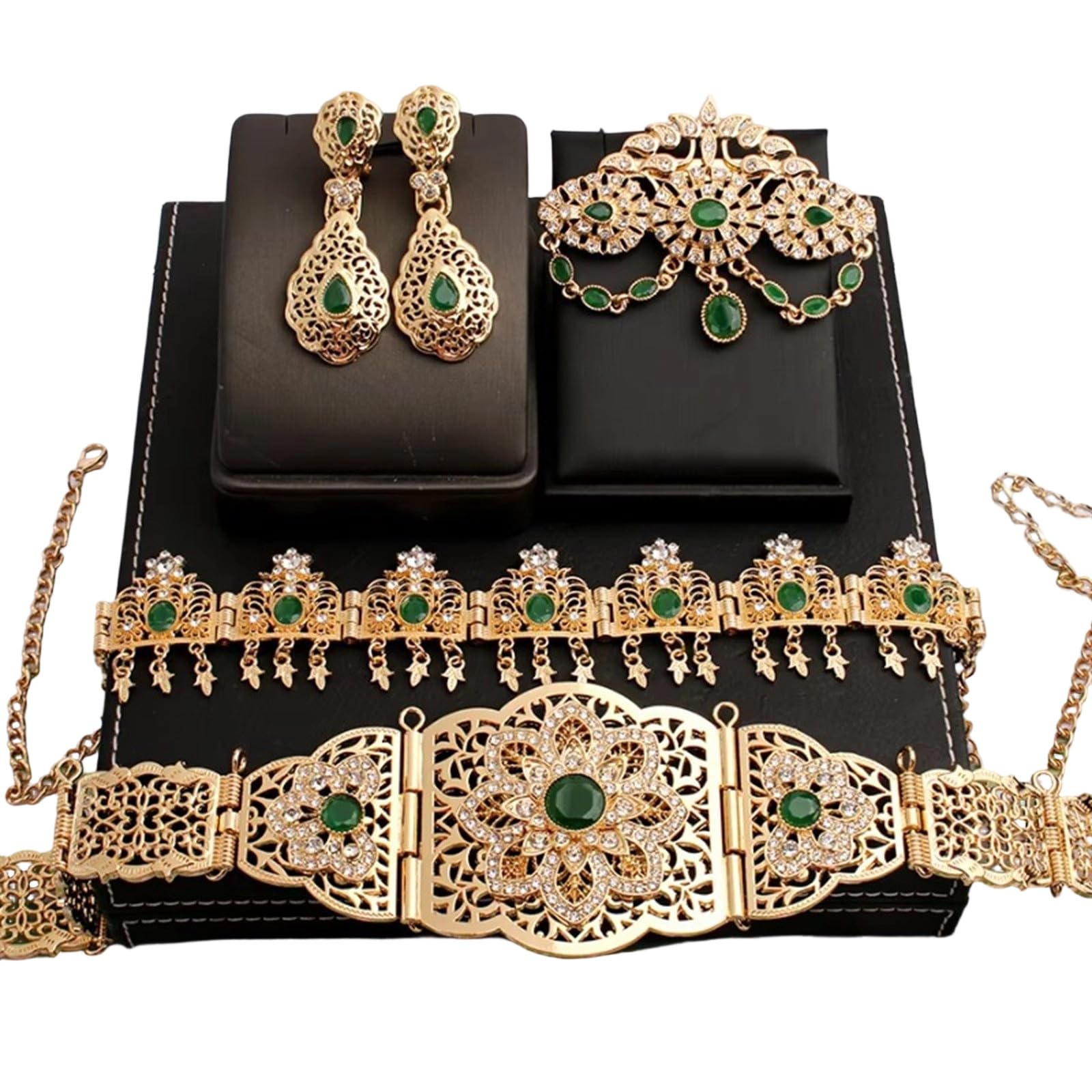 Marokkanisches Brautschmuck Set, vergoldet, für Hochzeitskleid, inklusive Gürtel Brosche, Ohrringe arabischen Stil, arabischer Hochzeitsschmuck